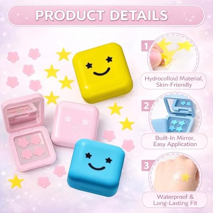 STRBOXONG STAR PIMPLE PATCHES FOR FACE, DOTS FOR SPOTS, STAR SPOT PATCHES WITH HYDROCOLLOID DESIGN  64PCS PINK AND YELLOW, MIRROR CASE, FOR TEENS TRAVEL EMERGENCY USE - Image 3